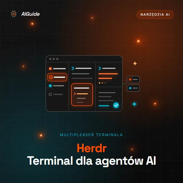 Herdr - terminal dla agentów AI: okno z paskiem bocznym pokazującym stan każdego agenta, podzielone panele z pracującymi agentami i serwer, który działa w tle po zamknięciu okna
