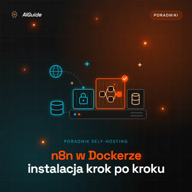n8n w Dockerze - kontener n8n z workflowem obok kontenerów reverse proxy z kłódką i bazy danych na jednym serwerze, z wolumenem na dane i ruchem z internetu