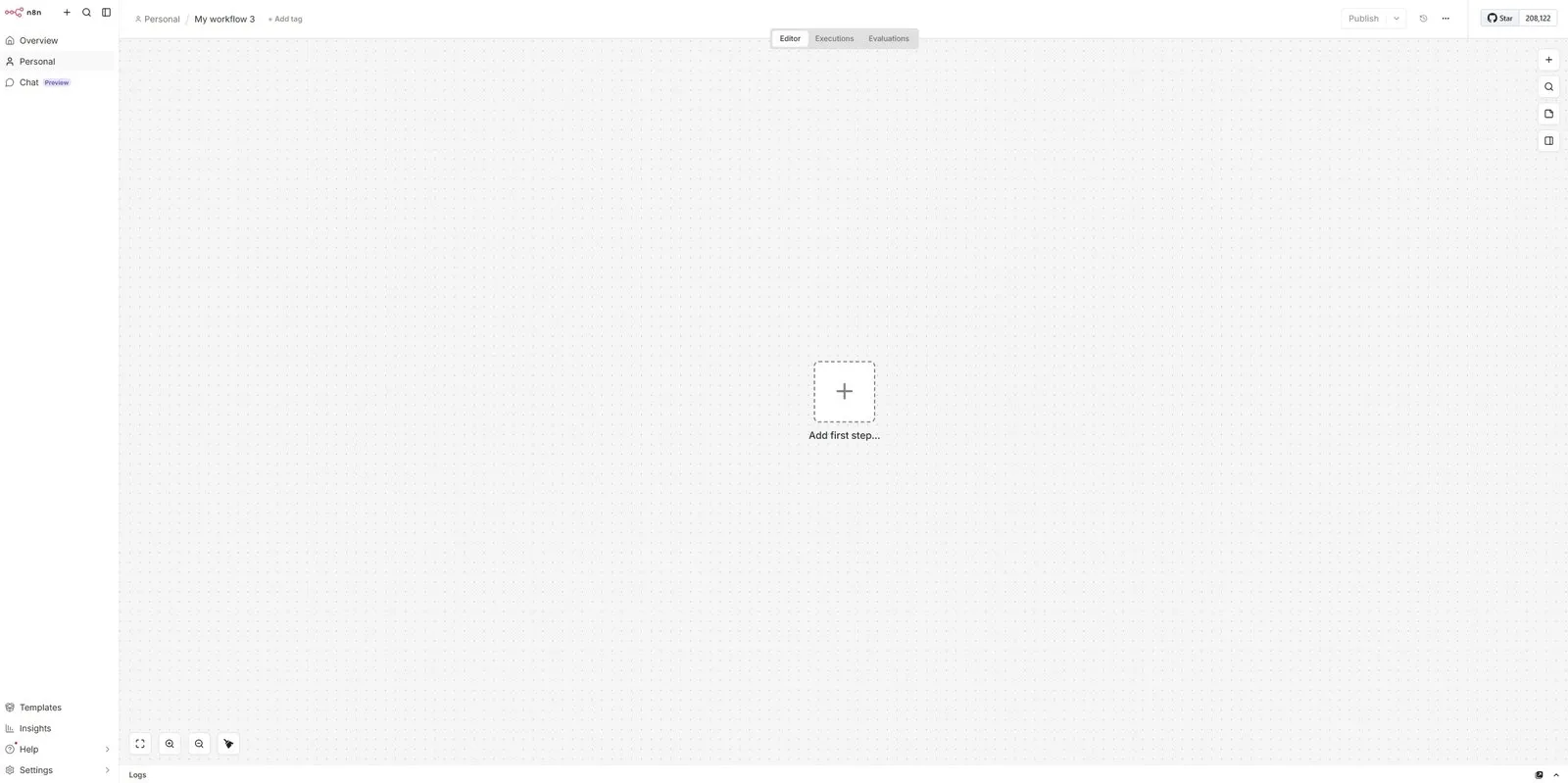 Pusty workflow w edytorze n8n: płótno z przyciskiem Add first step, zakładki Editor, Executions i Evaluations oraz przycisk Publish