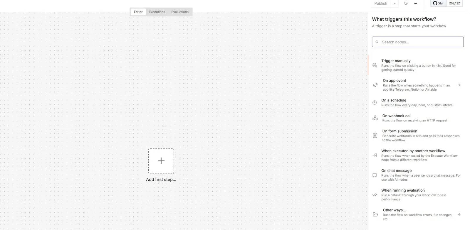 Panel What triggers this workflow? w n8n z listą wyzwalaczy: Trigger manually, On app event, On a schedule, On webhook call, On form submission, On chat message i inne